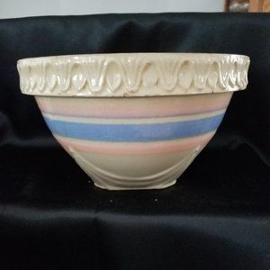 Early McCoy Yellowware Pink/Blue Striped Bowl